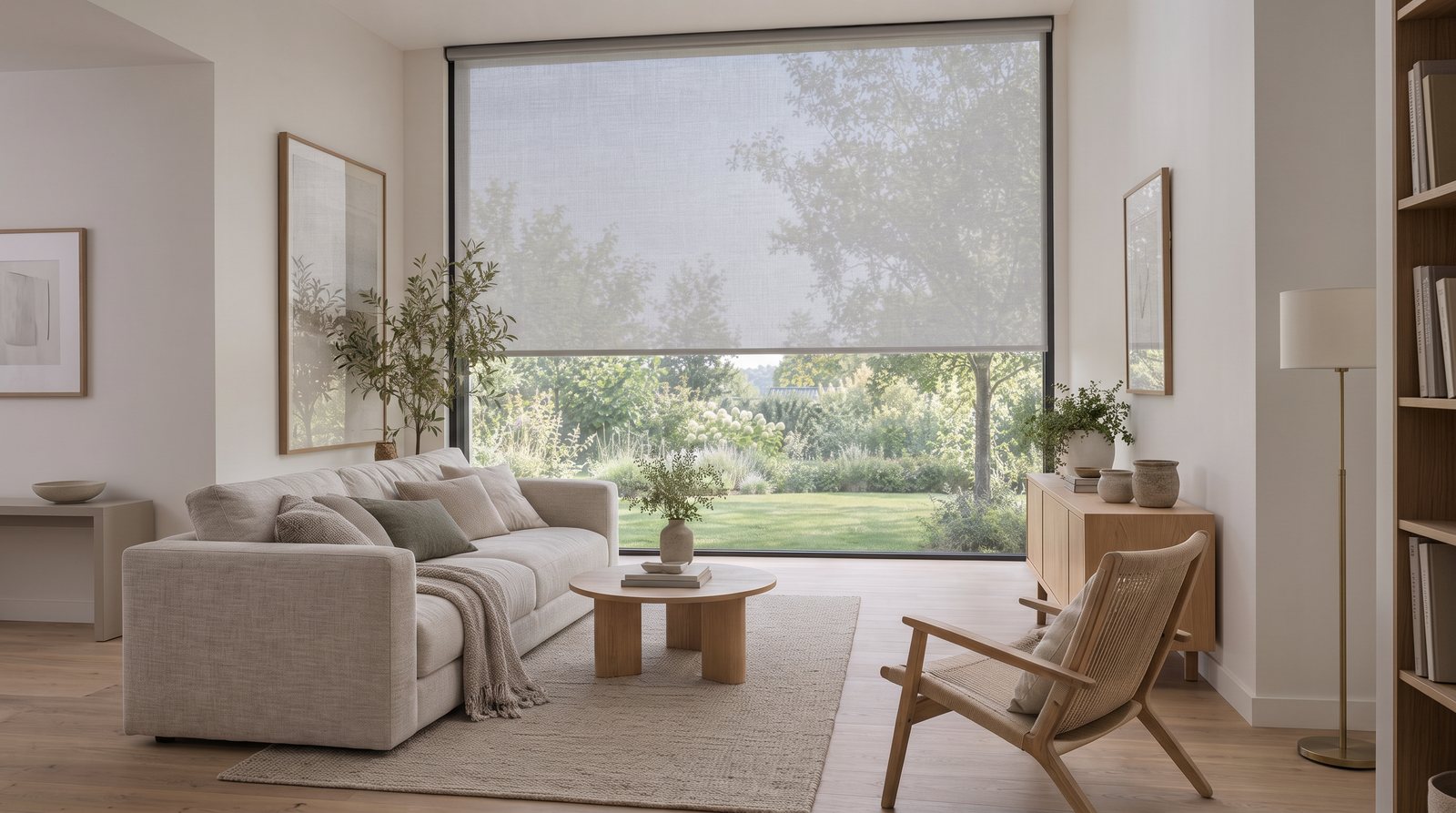 Lichtrijk interieur met half neergelaten screen en zicht op de tuin